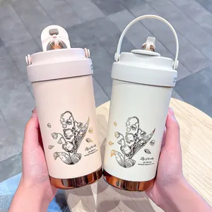 Portable stainless steel insulated water bottle with straw, cute dual drinking cups