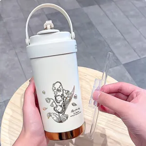 Portable stainless steel thermos water bottle with straw and handle for office daily use