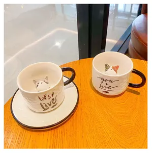 Creative 3D cat ceramic coffee mug with saucer cute cartoon embossed milk cup for home use