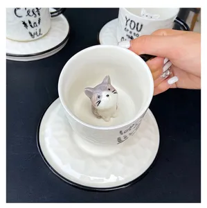 Creative 3D ceramic coffee mug with cute cat figurine inside and matching saucer set home milk cup