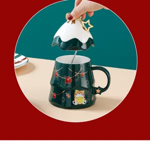 Kreative Weihnachtsbaum Keramiktasse mit Deckel und Löffel süßes Tiger Design für Geschenk.