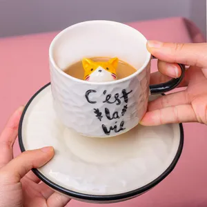 Ceramic coffee cup with saucer 3D cat inside cute cartoon milk mug home drinkware gift