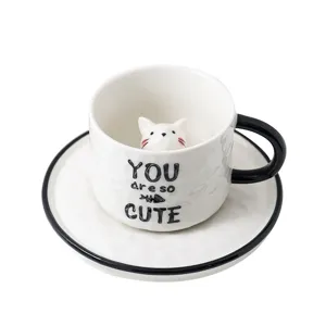 Cute ceramic coffee mug with saucer and 3D cat inside, novelty animal milk cup for home use