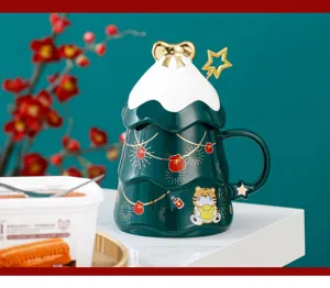 Kreativer Weihnachtsbaum Keramikbecher mit Deckel und Löffel, festlicher Tiger Keramik Tasse.