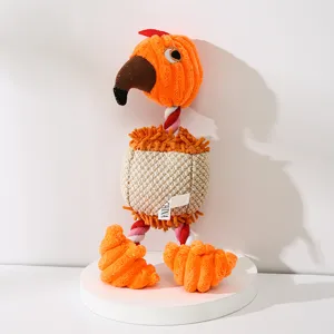 Plush flamingo dog toy with squeaker and chew rope, durable interactive pet toy for puppies.