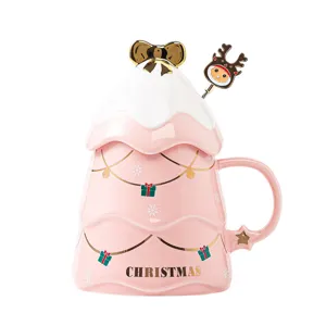 Rosa Weihnachtsbaum Keramik Kaffeetasse mit Deckel und Löffel, süße Geschenktasse Büro.