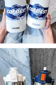 Grande bouteille d'eau isotherme de sport en acier inoxydable 316 avec paille et poignée.