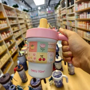 Edelstahl Thermobecher mit Henkel und Strohhalm, grosse Kapazitaet tragbare Kaffeetasse