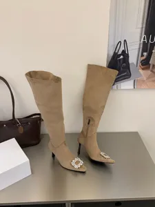 Suede Over-The-Knee High Boots Pointed Toe Crystal Square Buckle Stiletto Heels