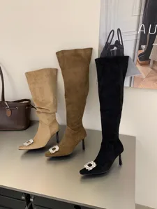 Stiletto high heel boots with rhinestone buckle, elegant over the knee suede boots for women.
