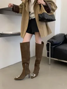 Women pointed toe rhinestone buckle over the knee suede boots elegant high heel boots.