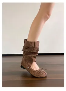 Damen abnehmbare Split Toe Ballett Stiefel Retro Schleife gewaschene braune kurze Schuhe