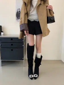 Womens high knee boots pointed toe crystal buckle stylish long boots for fashion daily wear.