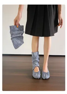 Abnehmbare Stiefelstulpen Split-Toe Ballerinas, Washed Denim Retro Schleife Damenschuhe Detail.