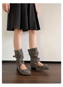 Damen Tabi Flachschuhe Retro Schleife Denim Kurze Stiefel abnehmbare Zwei-Wege Schuhe.