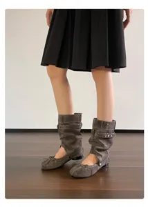 Retro Split-Toe-Ballerinastiefel für Damen, gewaschenes Design mit süßer Schleife und Schaft.