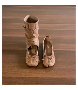 Khakifarbene Damen Split Toe Stiefel Ballerinas 2in1 abnehmbare Schleife Vintage Schuhe