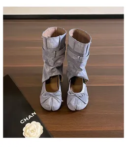 Damen Jeans Split Toe Kurzstiefel Retro Schleife abnehmbar zwei Wege Design modisch