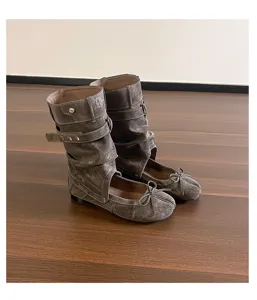 Damen Split-Toe Ballett Stiefel Vintage gewaschene Kurstiefel mit Schleife Schnalle