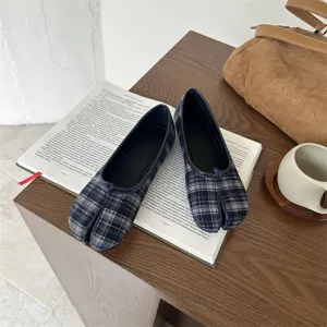 Vista dettagliata di eleganti scarpe basse a punta fissa scozzese per la stagione autunnale.