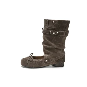 Damen abnehmbare Wadenstiefel Retro Denim Schleife Ballerinas modische Freizeit Schuhe