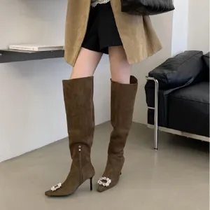 Suede over-the-knee boots for women, pointed toe with crystal square buckle and high heels.