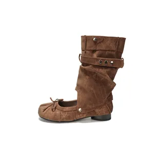 Braune Split-Toe-Ballonstiefel abnehmbares Design Retro Schleife flache Schuhe Damen stylisch