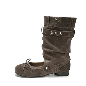 Gewaschener Denim Retro Stil Damen Wadenstiefel abnehmbar zweifach tragbare Schleife Schuhe.
