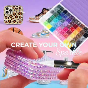 Detailed view of colorful rhinestones in a 60-grid box and DIY rhinestone crafts, sparkly.