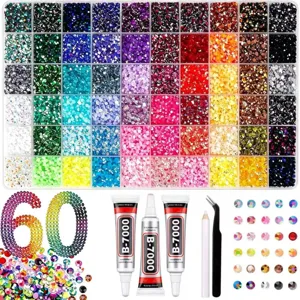 60-grid flatback resin rhinestones nail art DIY craft kit with glue tubes and pickup tools set.