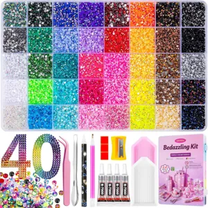 DIY rhinestone art kit with 60-grid storage box, colorful flatback resin drills and craft tools.