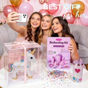 DIY rhinestone craft kit with sparkly resin drills, unicorn toy and bling tumbler for creative gift.