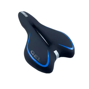 Selle de vélo noire ergonomique avec des accents bleus et un rembourrage en gel pour VTT.