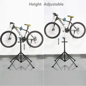 Height adjustable bicycle repair stand, sturdy iron workbench rack for mountain bike maintenance.