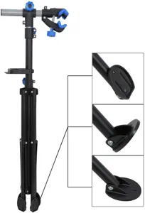 Detailed view of the bicycle repair stand base joint and adjustable clamp mechanism.