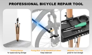 Professioneller Fahrrad-Reparaturstaender mit klappbarem Design und magnetischer Werkzeugablage.