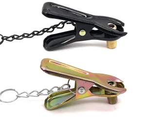 Bicycle tire pump nozzle adapter clip with chain, metal duckbill valve accessory detail view.