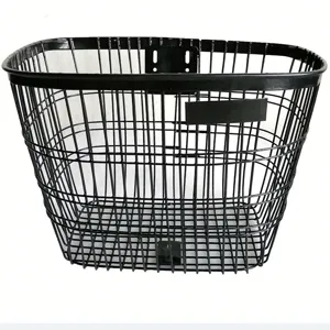 Black metal wire bicycle basket detail view showing sturdy frame structure and mounting bracket.
