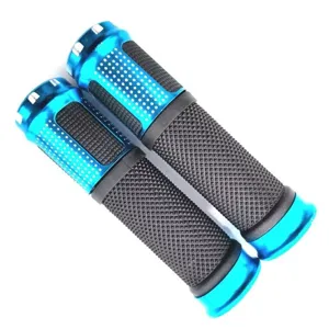 Blue and black mountain bike handlebar grips with aluminum alloy ends and non-slip rubber surface.