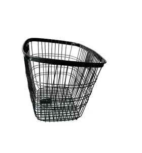 Black wire bicycle basket detail view, durable metal mesh front storage accessory item