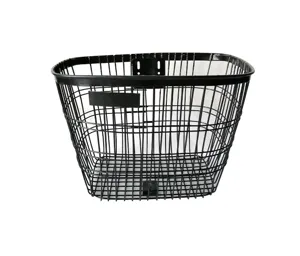Black wire bicycle basket detail view, sturdy metal mesh design for front or rear bike mounting.