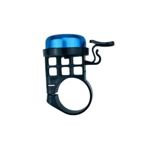 Detail view of the bicycle bell, showing the blue metal top cap and sturdy black mounting bracket.