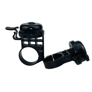 Black bicycle bell detail view, plastic handlebar mount component close up view for cycling gear