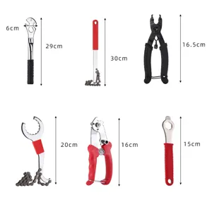 Bicycle repair tool set with chain breaker wrench and crank puller for maintenance.