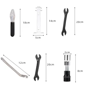 Bicycle repair tool set with 6 pieces including wrenches, chain tool and tire levers with sizes.
