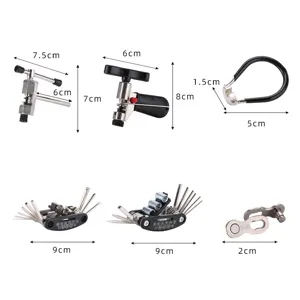 Bicycle repair tool kit with chain breaker multi-tool hex wrench for mountain bike maintenance.