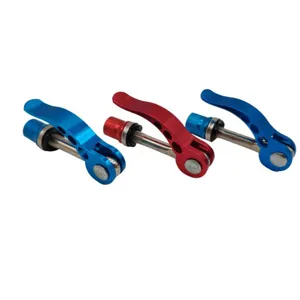 Close-up view of bicycle seatpost quick release skewer aluminum alloy lever red and blue.