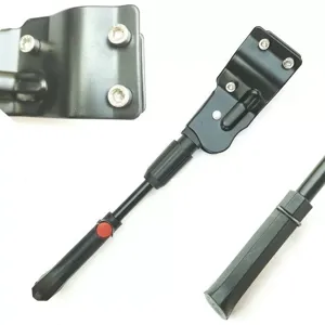 Adjustable aluminum alloy bicycle kickstand detail view, sturdy black mount for mountain bikes.
