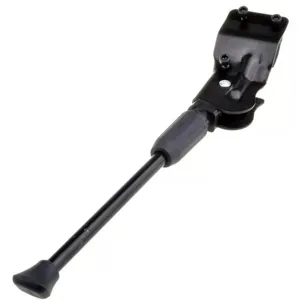 Detailed view of adjustable black bicycle kickstand, durable metal construction for bikes.