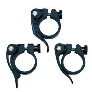 Black aluminum alloy bike seatpost clamp detail, quick release lever and adjusting screw.